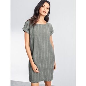 Eileen Fisher‎ Organic Cotton Hemp Shift Dress L Grey Striped Pockets Lagenlook